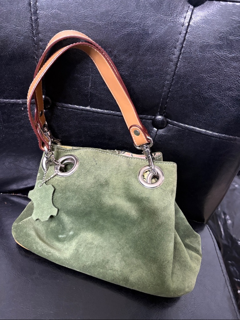 Amanda Smith Olive Suede Shoulder Bag with Tan Leather Strap